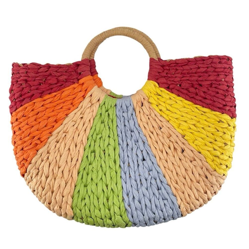 Rainbow Boho Straw Tote Bag Colorblock Resort Beach Vacation Top Handle Handbag - Picture 2 of 10